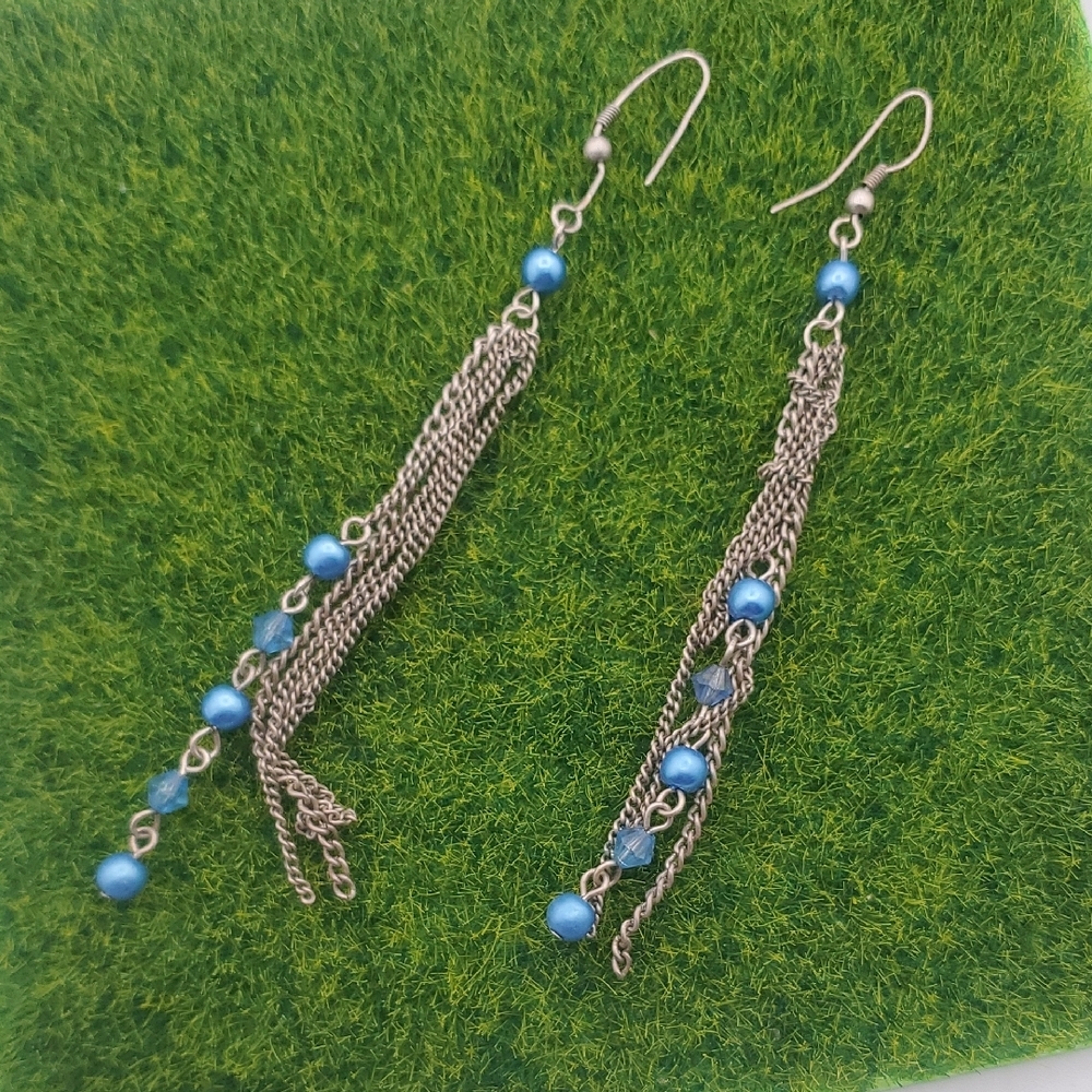 Elegant Blue Beaded Dangle Earrings E1035